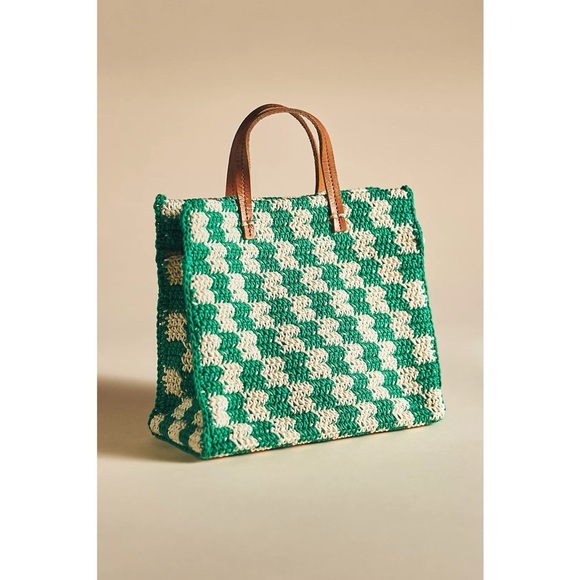 Clare V Handbags - NWT Clare V. Petit Summer Simple Crochet Checker Tote Bag in Sea Green Cream